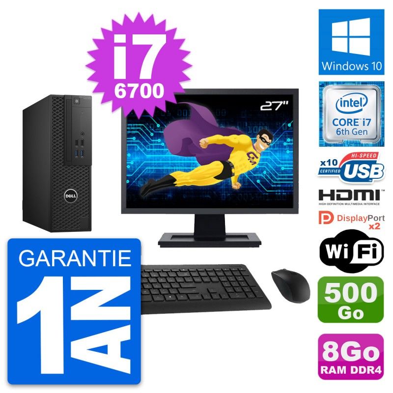 Dell T3420 SFF Computer - 27" Screen, i7-6700, 8GB RAM, 500GB HDD, HDMI, WiFi, Windows 10