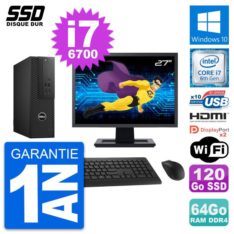 Dell T3420 SFF Computer - 27" Screen, Core i7-6700, 64GB RAM, 120GB SSD, HDMI, WiFi
