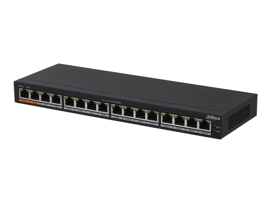 Dahua PFS3016-16GT-190 - Switch - Unmanaged - 2x10/100/1000 (High PoE) + 14x10/100/1000 (PoE) - Desktop - High PoE/PoE (190W)