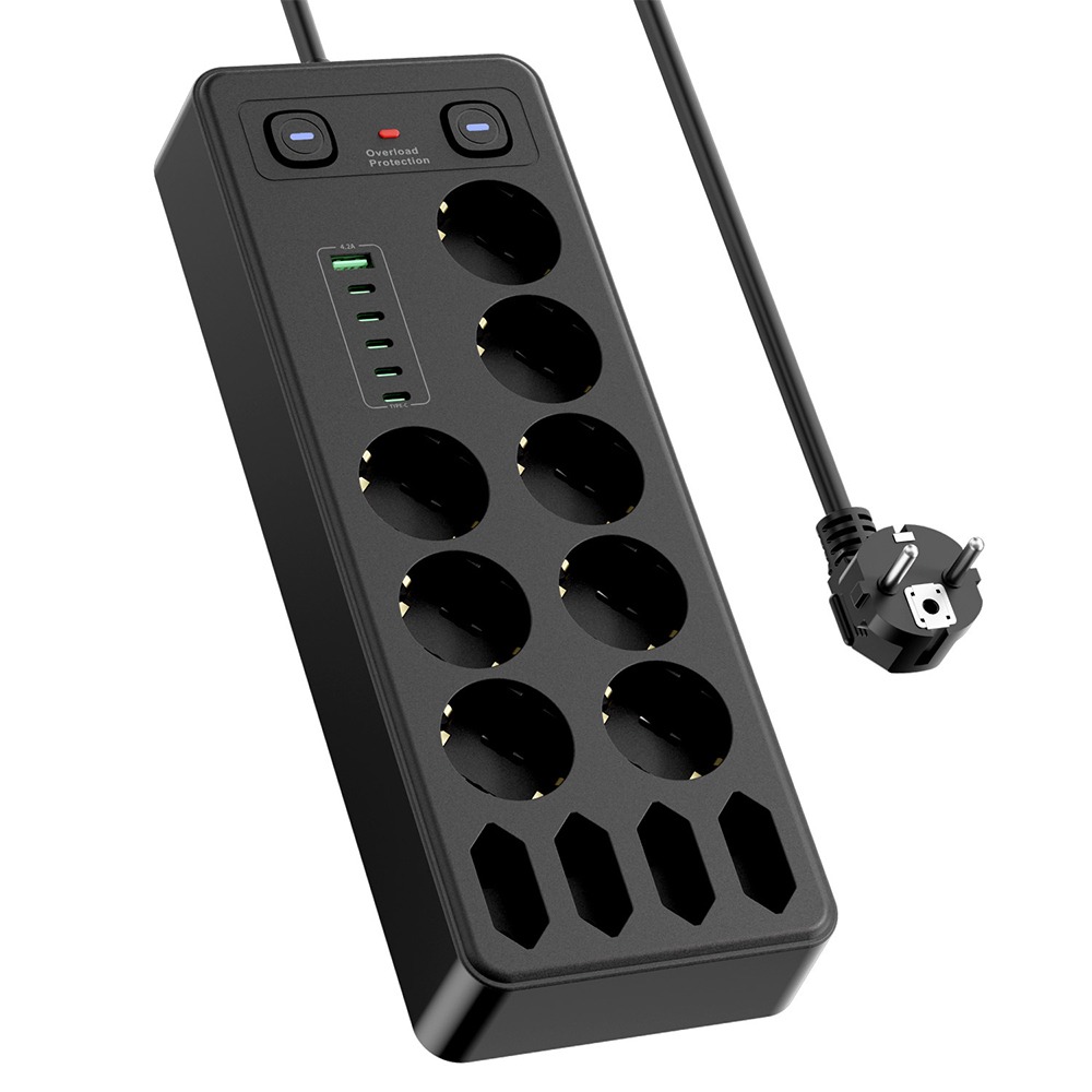 European Multiprise with USB & Type-C, Surge Protection - Black