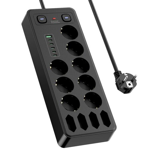 European Multiprise with USB & Type-C, Surge Protection - Black