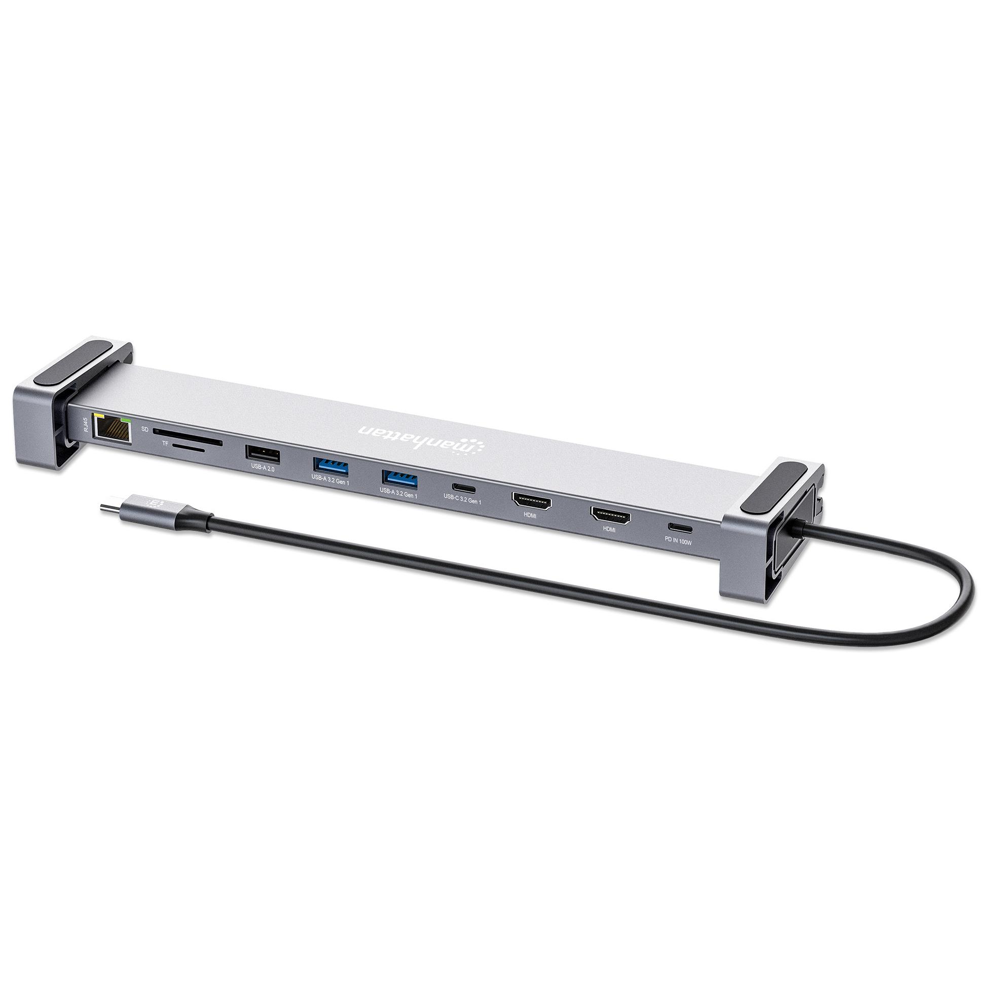 Puerto Dock/Hub Manhattan USB-C con Lector de Tarjetas y MST, 7 Puertos: Ethernet, 2x HDMI 4K@60Hz, 3x USB-A + USB-C con PD 100W - Requiere Cargador Externo USB-C (No Incluido)