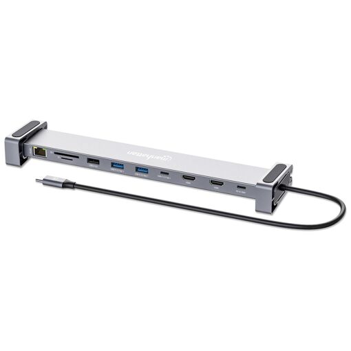 Station d'accueil Manhattan USB-C avec lecteur de cartes et MST, 7 ports : Ethernet, 2x HDMI 4K@60Hz, 3x USB-A + USB-C avec PD 100W - Nécessite un chargeur USB-C externe (non inclus)