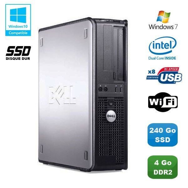 Ordinateur de bureau Dell Optiplex 760 DT - Processeur Intel E5200 2,5 GHz, 4 Go DDR2, 240 Go SSD, WiFi, Windows 7