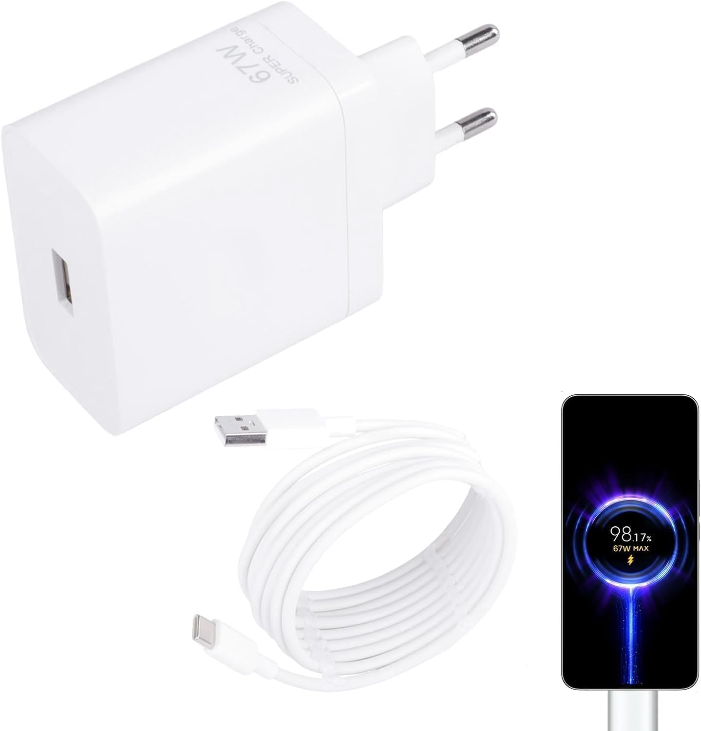 KALANKA 67W USB Charger for Oppo Super-Vooc with USB-C 6A Cable, 2m - Compatible with Real-me GT 7 Pro, Reno 13, One-Plus 13 and more