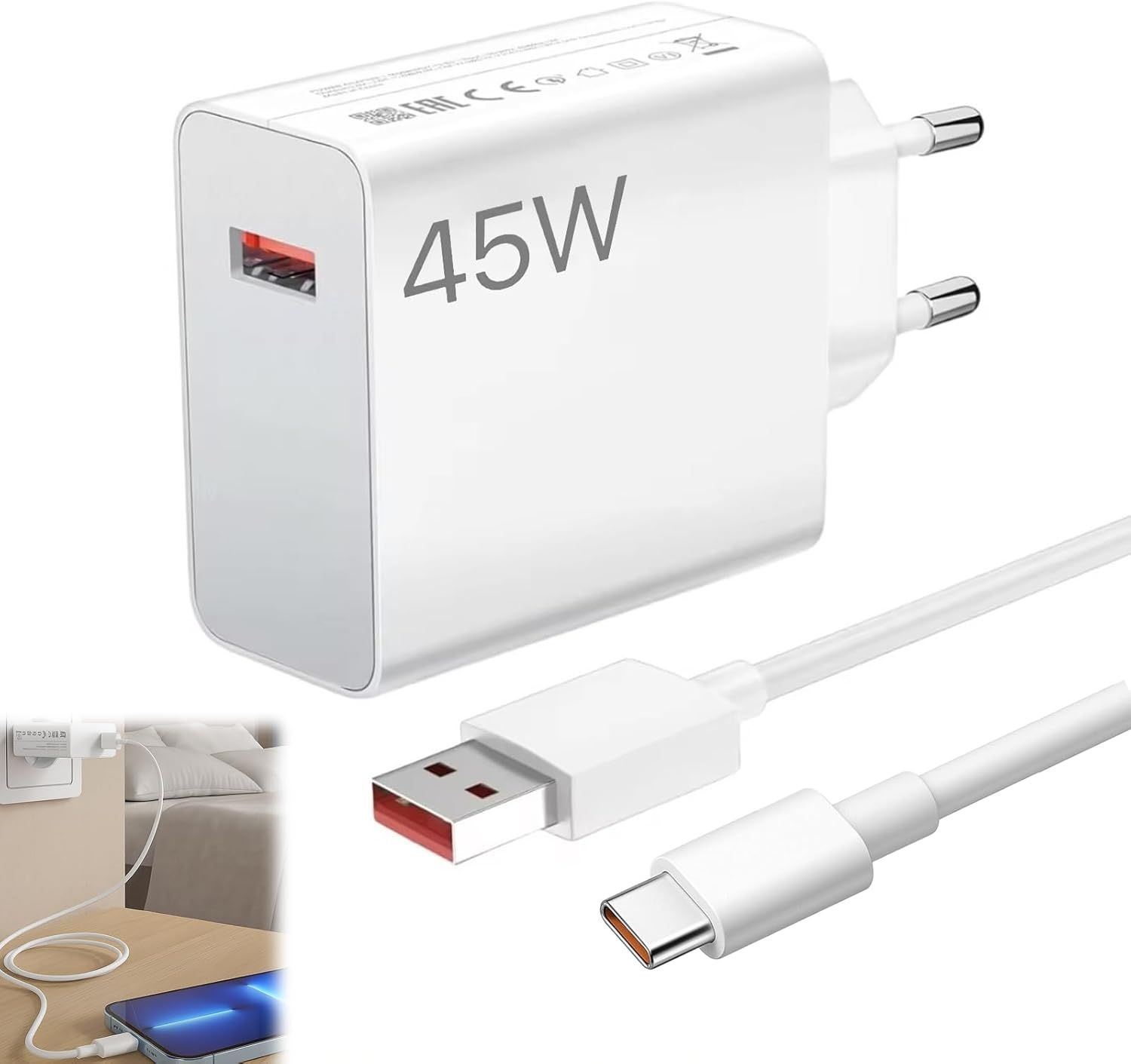 Cargador KALANKA 45W y cable USB C de 1 metro, 6A carga rápida adaptador cable turbo Tipo C para Poco X7 M7 Pro M6 Pad 7 6 5 K80 Pro
