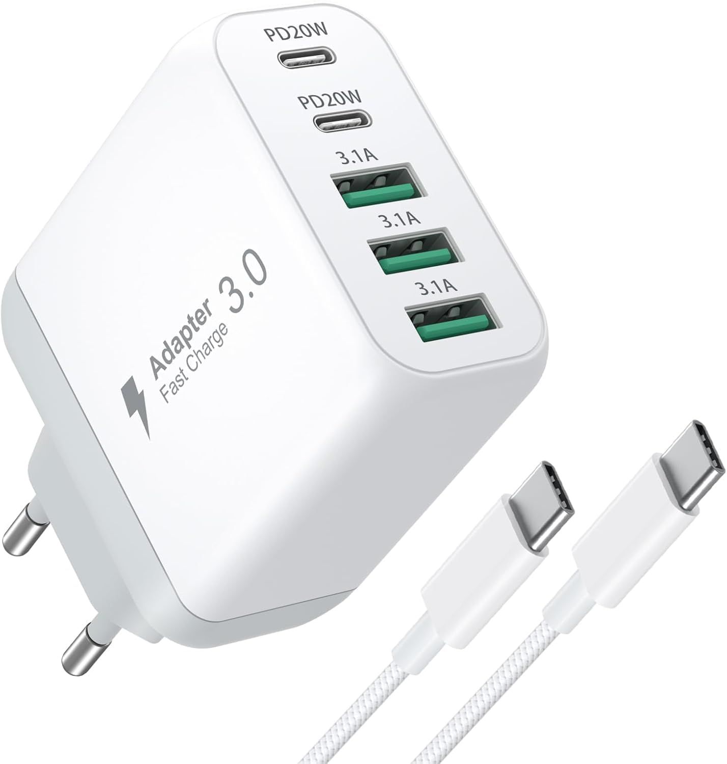 Adaptateur KALANKA USB-C Rapide, 55W 5 Ports avec Câble 2M (Blanc)