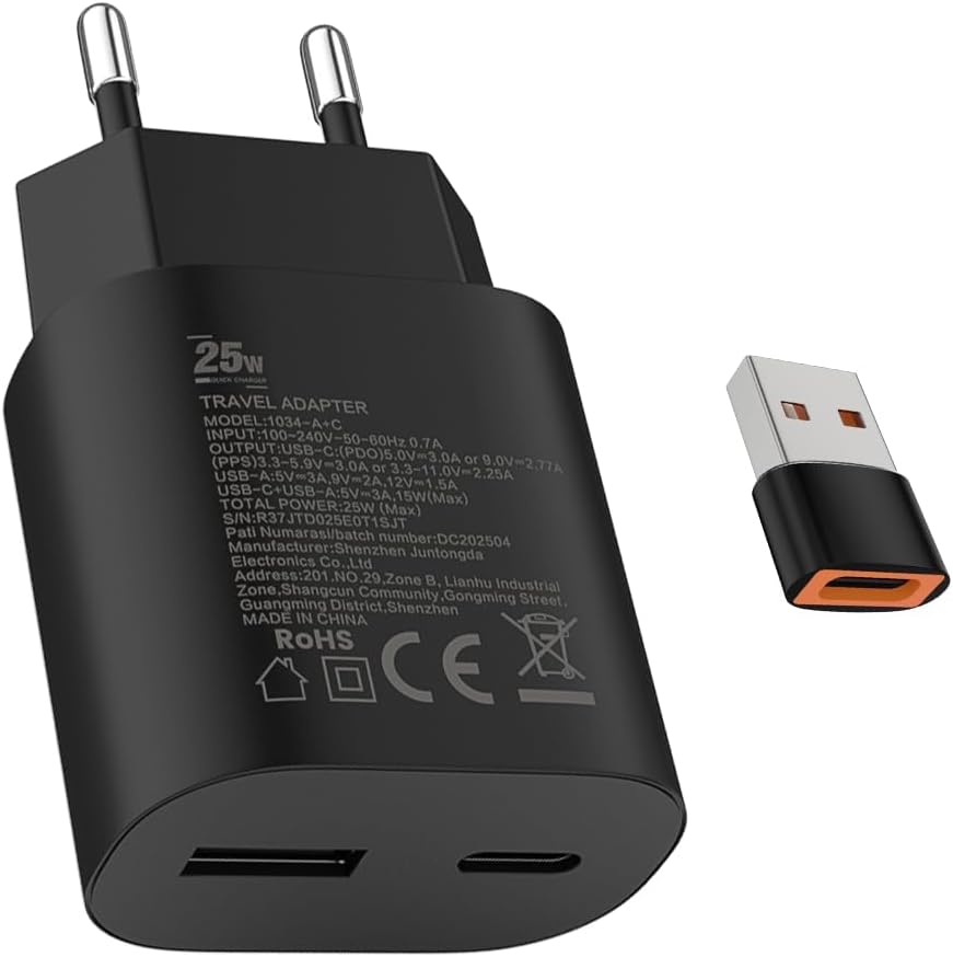 KALANKA 25W USB-C Charger Adapter, Quick Charge 15W USB-A for Samsung Galaxy S25/S24... iPhone 17/16... iPad Moto Google