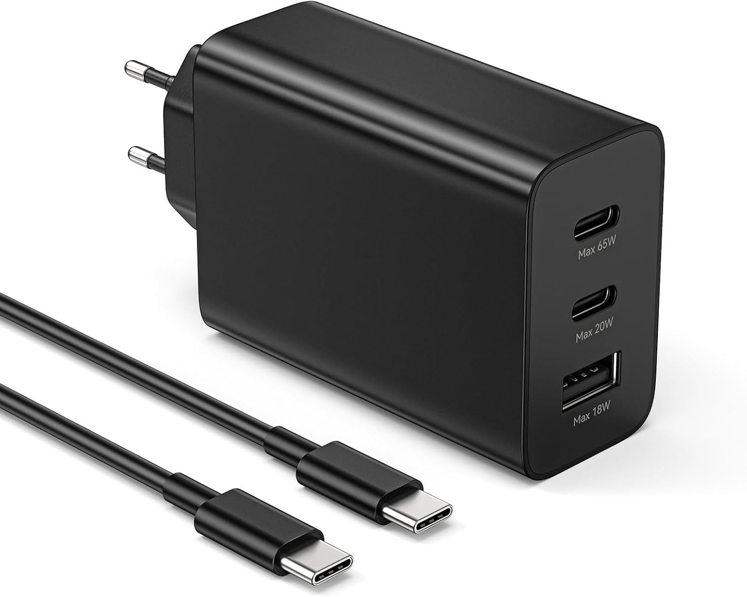 KALANKA USB-C Quick Charger 3 Ports, 65W, 25W, and 15W, with 1.8m Double C Cable, EP-T6530