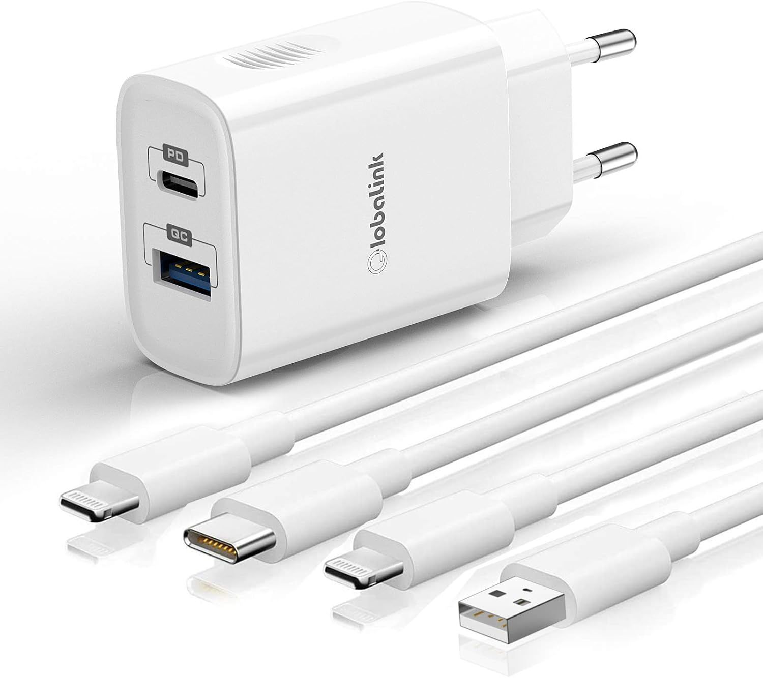 Cargador rápido KALANKA de 20W con 2 puertos, compatible con iPhone 12/13/11, iPad Pro y AirPods (cable Lightning)