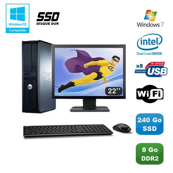 Dell Optiplex 760 DT Desktop PC - Intel E5200 2.5GHz, 8GB RAM, 240GB SSD, WiFi, Windows 7, 22" Screen