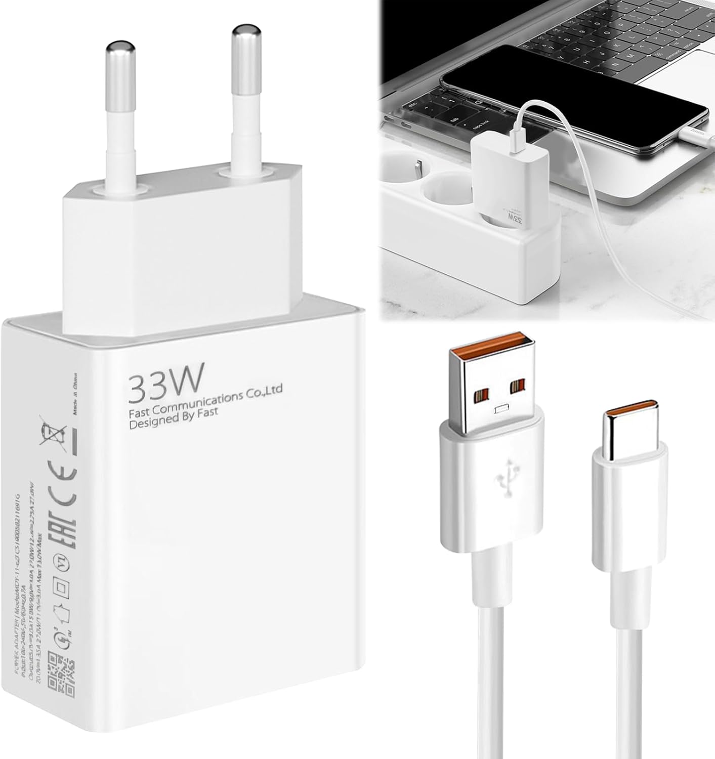 Cargador rápido KALANKA 33W, cable USB-C de 2m 6A Turbo y adaptador para iPhone 13 5G / 12S / 11 / 11S / 10 Pro etc.