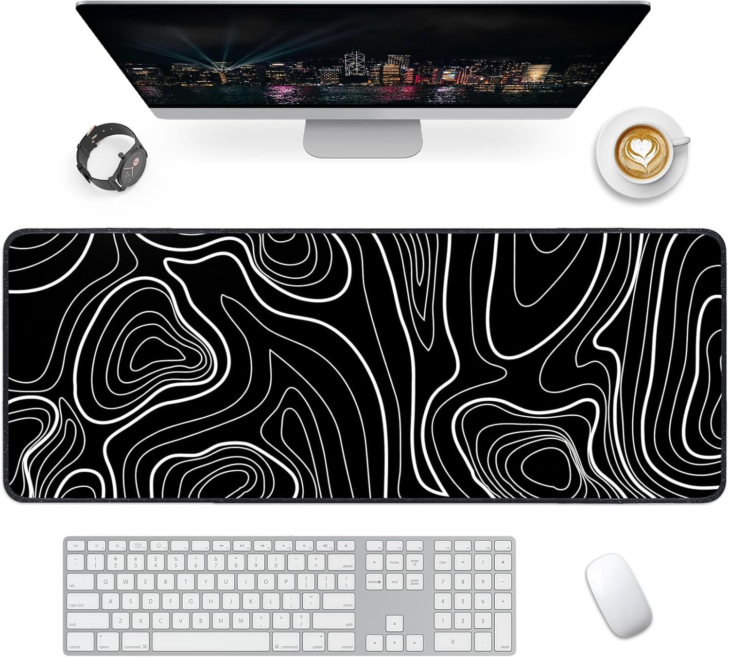 KALANKA XXL Gaming Mousepad, 800 x 300mm, Large Desk Pad with Rubber Base for Gamers and Office Workers (Black and White Lines)