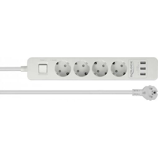Delock Extension Socket - 250V, 4000W Power Strip with USB Charging - White (1.5m)