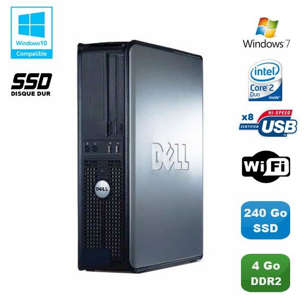Ordinateur Dell Optiplex 760 DT - Processeur Intel Core 2 Duo E8400, 4 Go de RAM, SSD 240 Go, Wi-Fi, Windows 7
