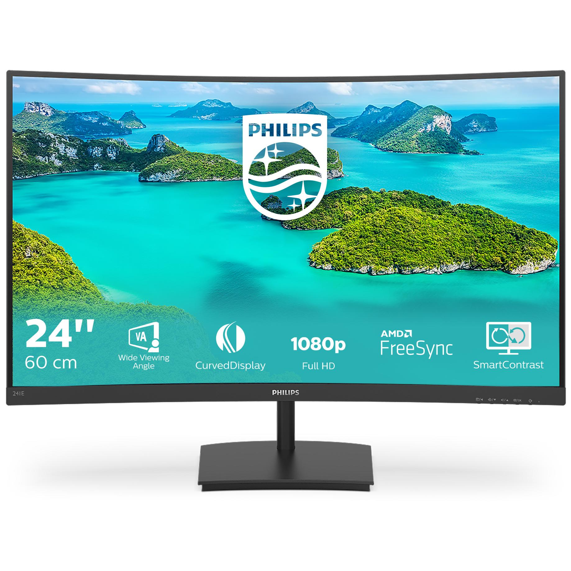 Philips E-line 241E1SCA - Écran LED - incurvé - 24" - 1920 x 1080 Full HD (1080p) @ 75 Hz - VA - 250 cd/m² - 3000:1 - 4 ms - HDMI, VGA - haut-parleurs - noir texturé