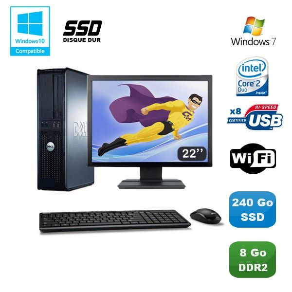 Dell Optiplex 760 DT Desktop PC - Intel E8400, 8GB RAM, 240GB SSD, WiFi, Windows 7 + 22inch Screen