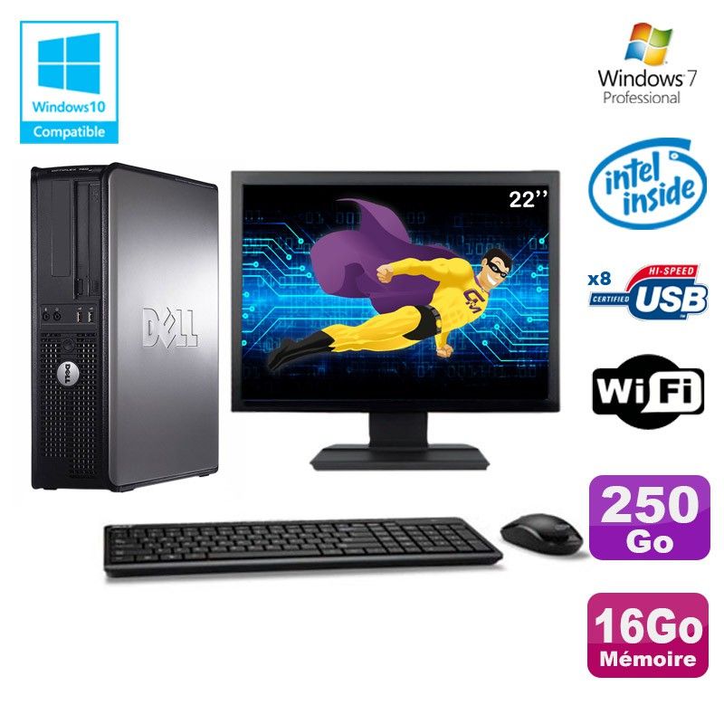 Dell Optiplex 780 DT Desktop PC - Intel E5200 2.5GHz, 16GB RAM, 250GB HDD, WiFi, Windows 7 + 22" Screen