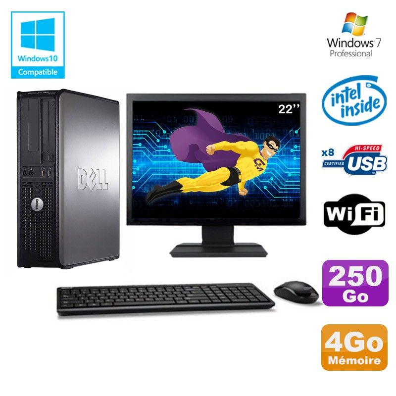 PC de escritorio Dell Optiplex 780 DT - Procesador Intel E7500 2.93GHz, 4GB RAM, 250GB HDD, WiFi, Windows 7 + Pantalla de 22'