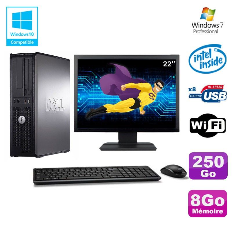 PC de escritorio Dell Optiplex 780 DT - Procesador Intel E7500 2.93 GHz, 8 GB RAM, 250 GB HDD, WiFi, Windows 7 + Pantalla de 22"