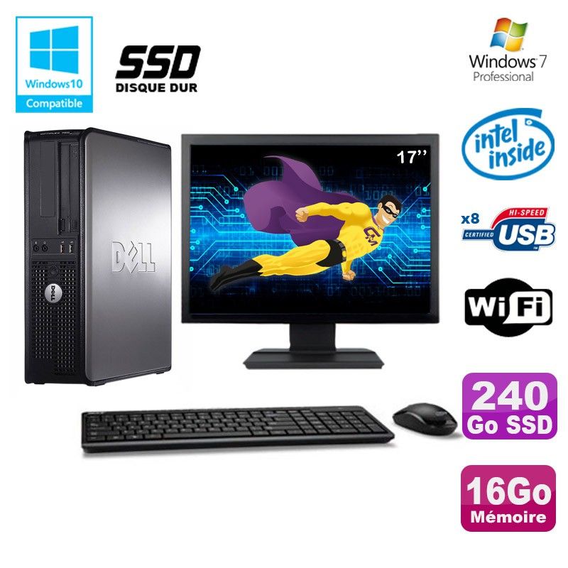 Dell Optiplex 780 DT Desktop PC - Intel E7500, 16GB RAM, 240GB SSD, WiFi, Windows 7 Pro + 17" Screen