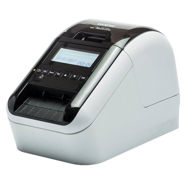 Brother QL-820NWB Label Printer - 2-Color Monochrome - Direct Thermal - Roll (6.2 cm) - 300 x 600 ppp - Up to 110 Labels/Minute - USB 2.0, LAN, Wi-Fi(n), USB Host, Bluetooth 2.1 EDR - Cutter - Glossy Black