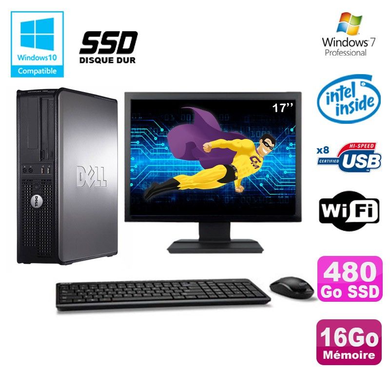 Dell Optiplex 780 DT Desktop Computer - Intel E7500 2.93GHz, 16GB RAM, 480GB SSD, WiFi, Windows 7 Pro