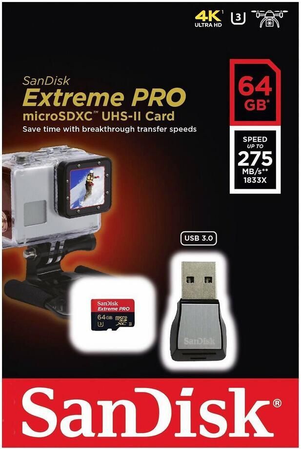 SanDisk Extreme PRO 64GB Micro SD Card + USB 3.0 Reader, 275MB/s, UHS-II Class 10, U3