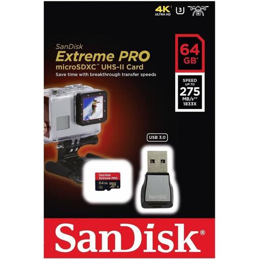 SanDisk Extreme PRO 64GB Micro SD Card + USB 3.0 Reader, 275MB/s, UHS-II Class 10, U3