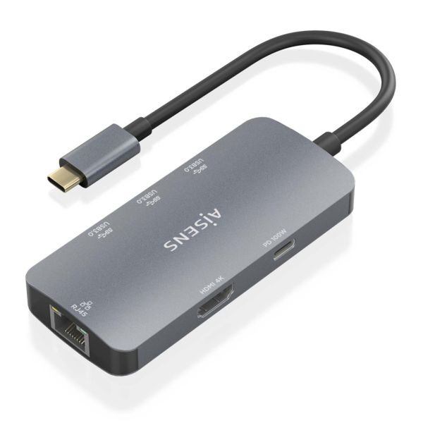 AISENS USB-C Docking Station, 6-in-1 Type-C with HDMI, RJ45, 3xUSB-A, USB-C PD, Grey