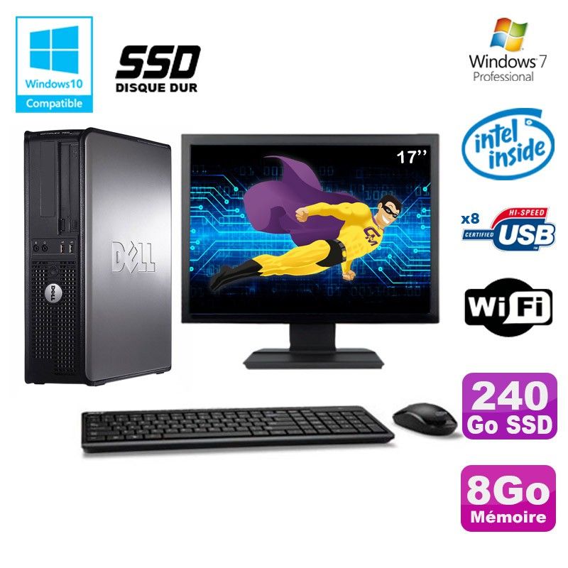 Dell Optiplex 780 DT Desktop PC - Intel E8400 3GHz, 8GB RAM, 240GB SSD, WiFi, Windows 7 + 17inch Screen