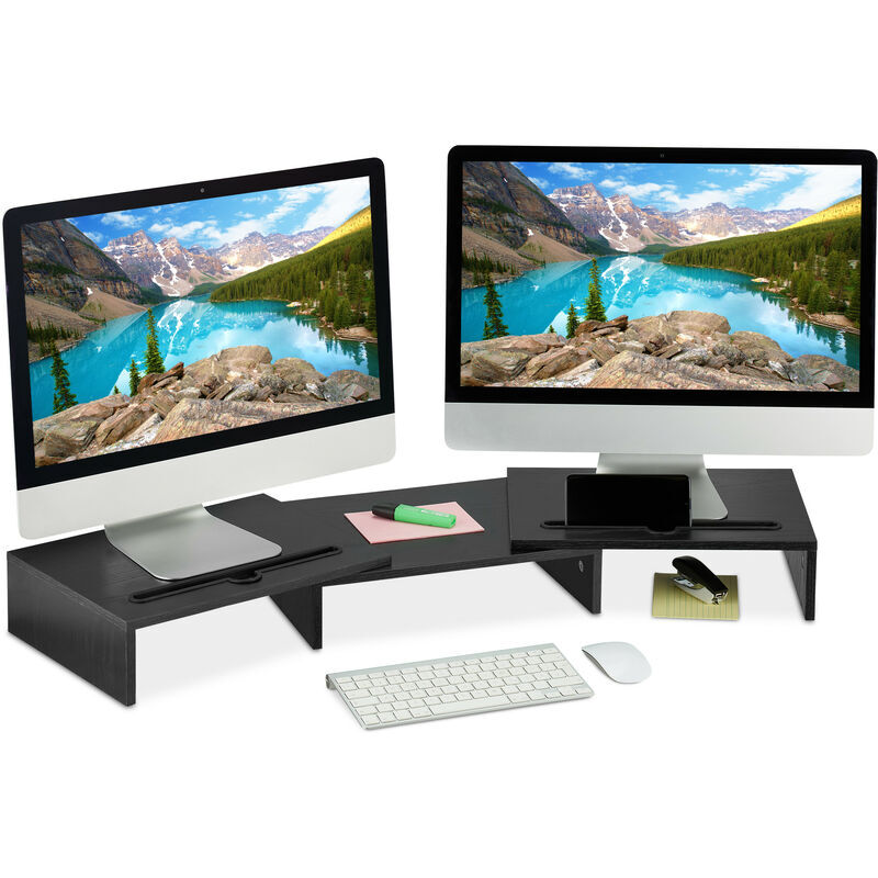 Monitor Stand for 2 Screens, Extensible, Ideal for Desk, Practical Organizer, Lots of Space, Black - Relaxdays