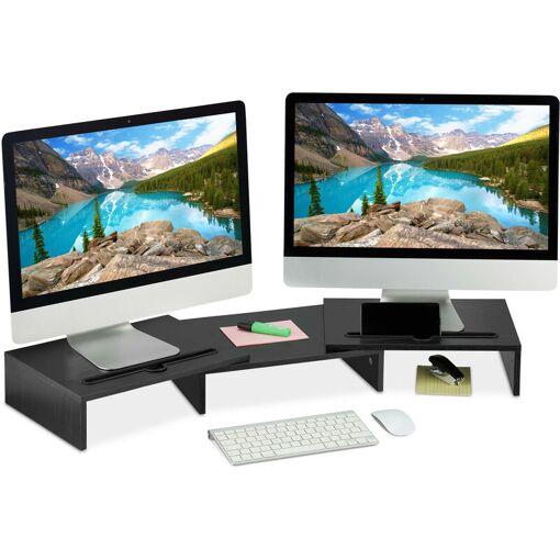 Soporte para 2 Monitores, Extensible, Ideal para Escritorio, Organizador Práctico, Mucho Espacio, Negro - Relaxdays
