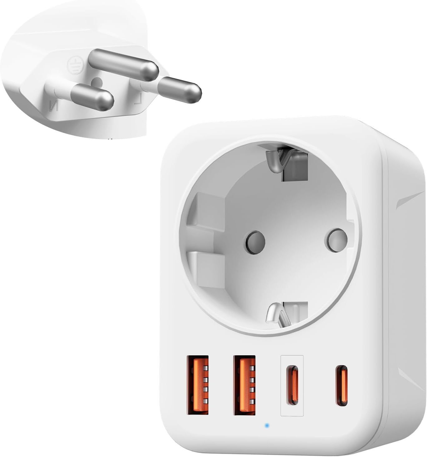 KALANKA Swiss Adapter EU, 5-in-1 Travel Adapter with 1 AC & 2 USB-C & 2 USB-A (3.4A), Swiss 3-Pin Plug for Liechtenstein, Madagascar, Maldives, Rwanda