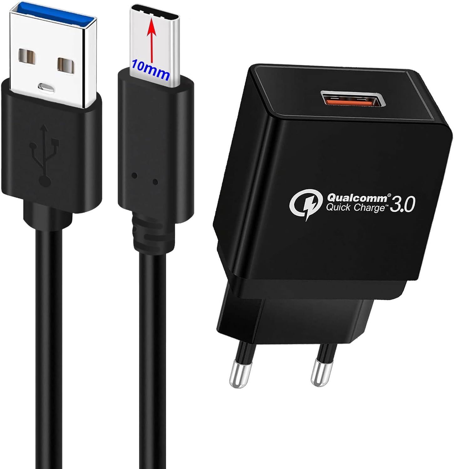 KALANKA Quick Charge 3.0 Wall Charger 18W and 1m Type C Cable - 10mm Connector for OUKITEL WP Series, K15 Pro/Plus