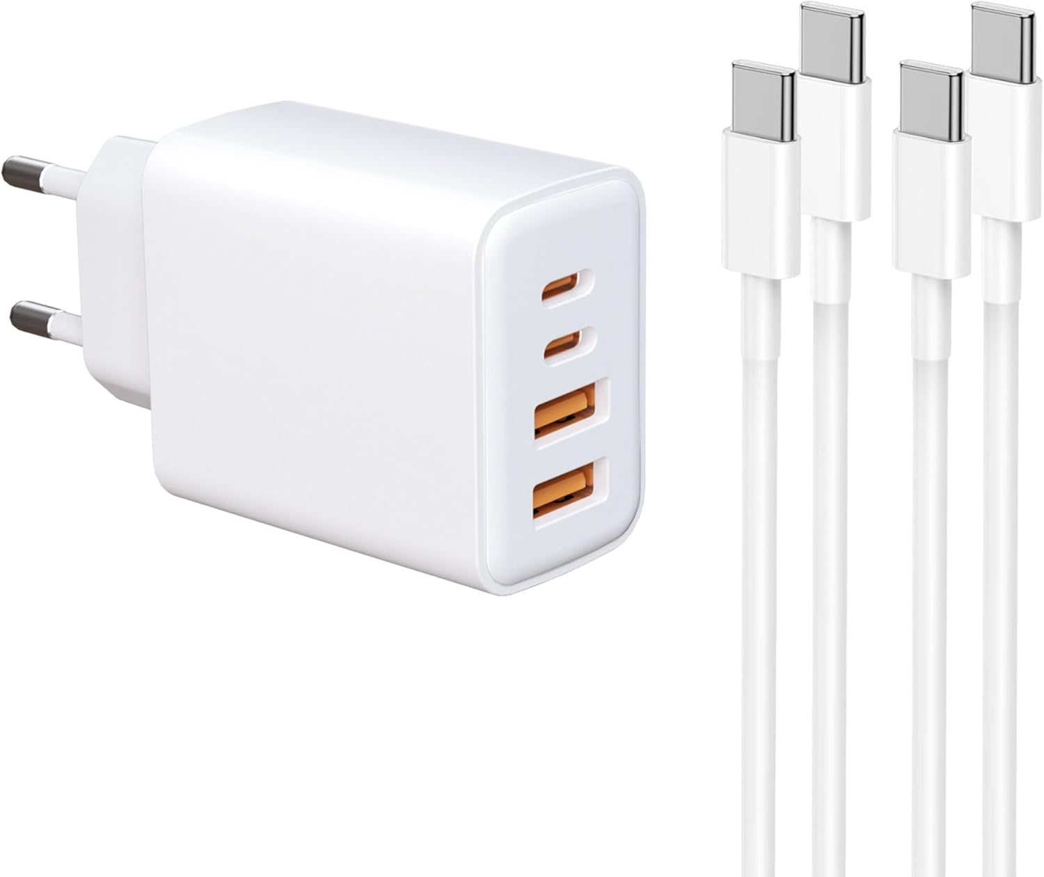 KALANKA USB-C Charger with 1.2m and 2m C-to-C Cable, 4-Port Adapter with USB-C and USB-A, 40W, Fast Charging Power Supply for iPhone 17/16/15/14/13/12/11/XS, Galaxy, iPad, Phones