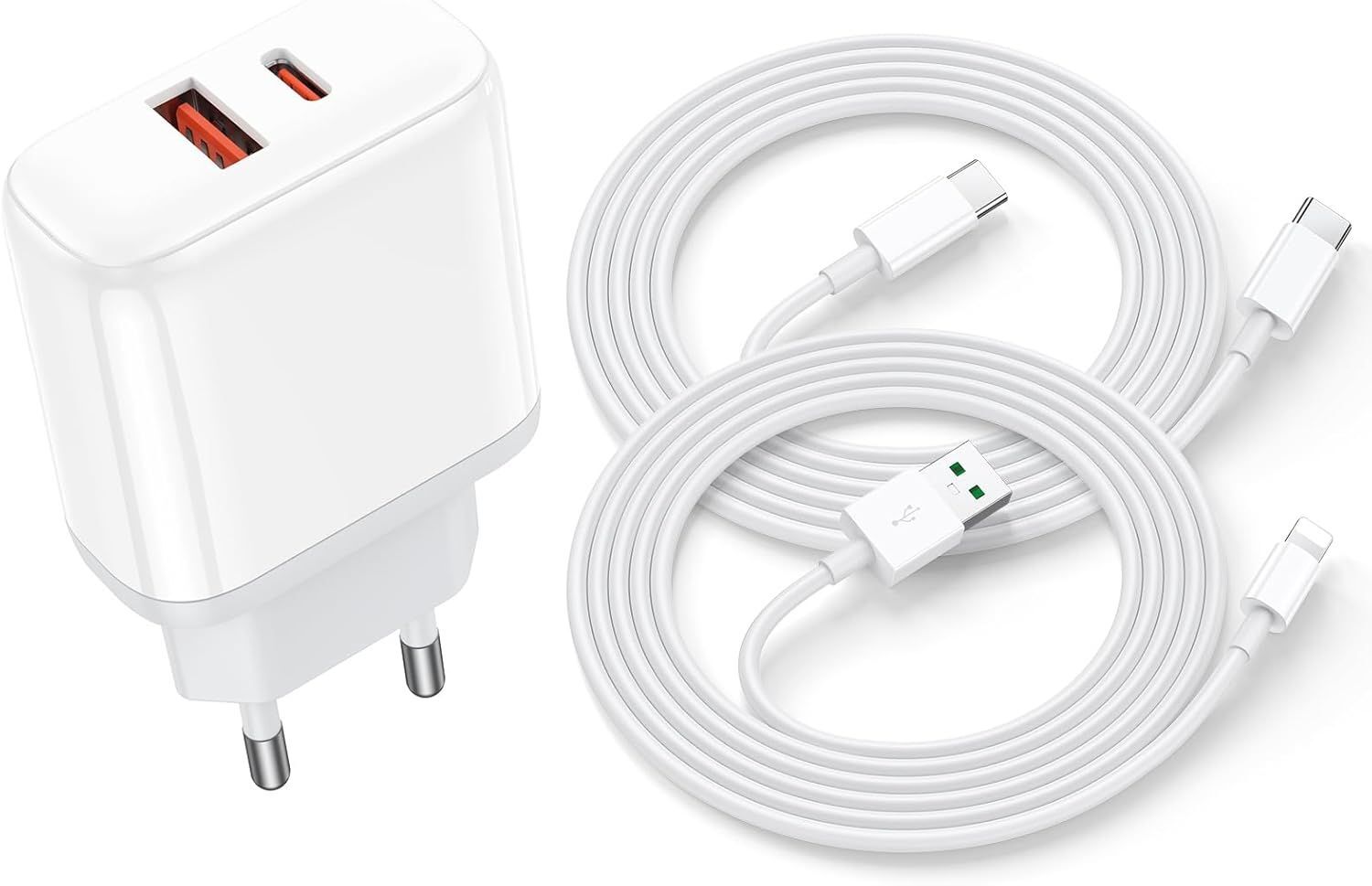 KALANKA 2-Pack Quick Charge Cables - 20W - USB C to Lightning and USB C - For iPhone 16, 15, 14, 13, 12, 11, XR, XS, X, 8 Plus