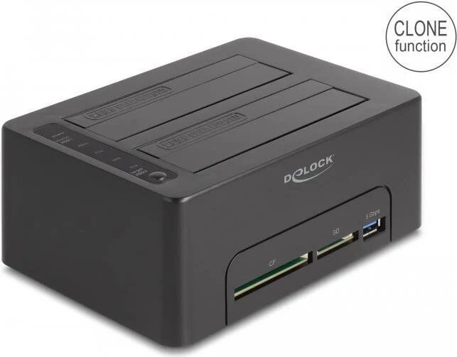 Estación de acoplamiento Delock de dos bahías para HDD y SSD - Bahías compartidas de 2,5'' y 3,5'', interfaz SATA 6 Gbps, USB 3.2 Gen 1, negro