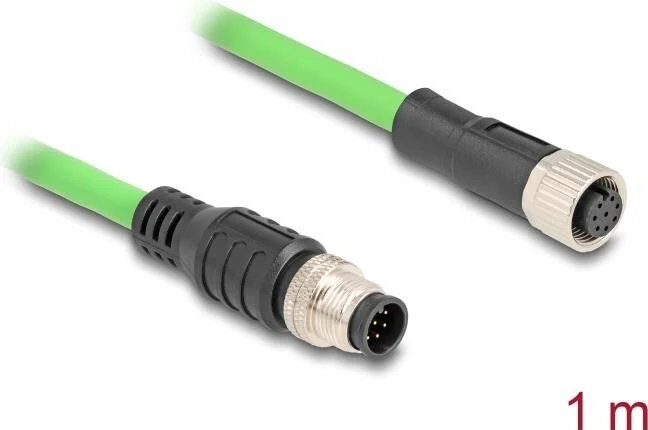 Delock Network Extension Cable - 8-Pin M12 (M) to 8-Pin M12 (F) - 1m - 6.8mm - SF/UTP - A-Coded - Green