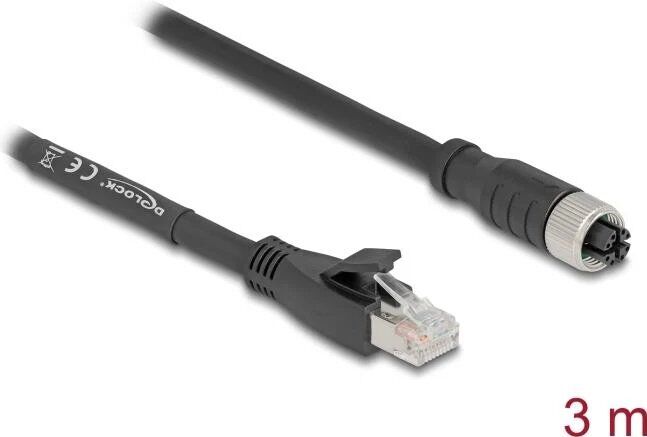 Delock M12 X-Coded 8-Pin to RJ45 Cable, Cat.5e S/FTP, 3m, Black