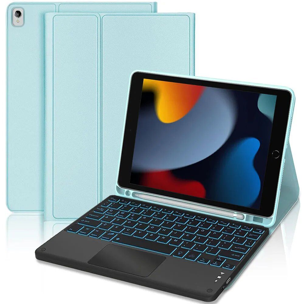 E.F.Connection iPad 10.2-inch Case (2019/2020/2021) Synthetic Leather Blue with Backlit Keyboard - AZERTY French