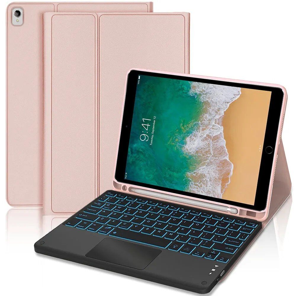 E.F.Connection iPad Air 3/Pro 10.5-Inch Case with Retro-Lit Keyboard, Rose Pu Leather