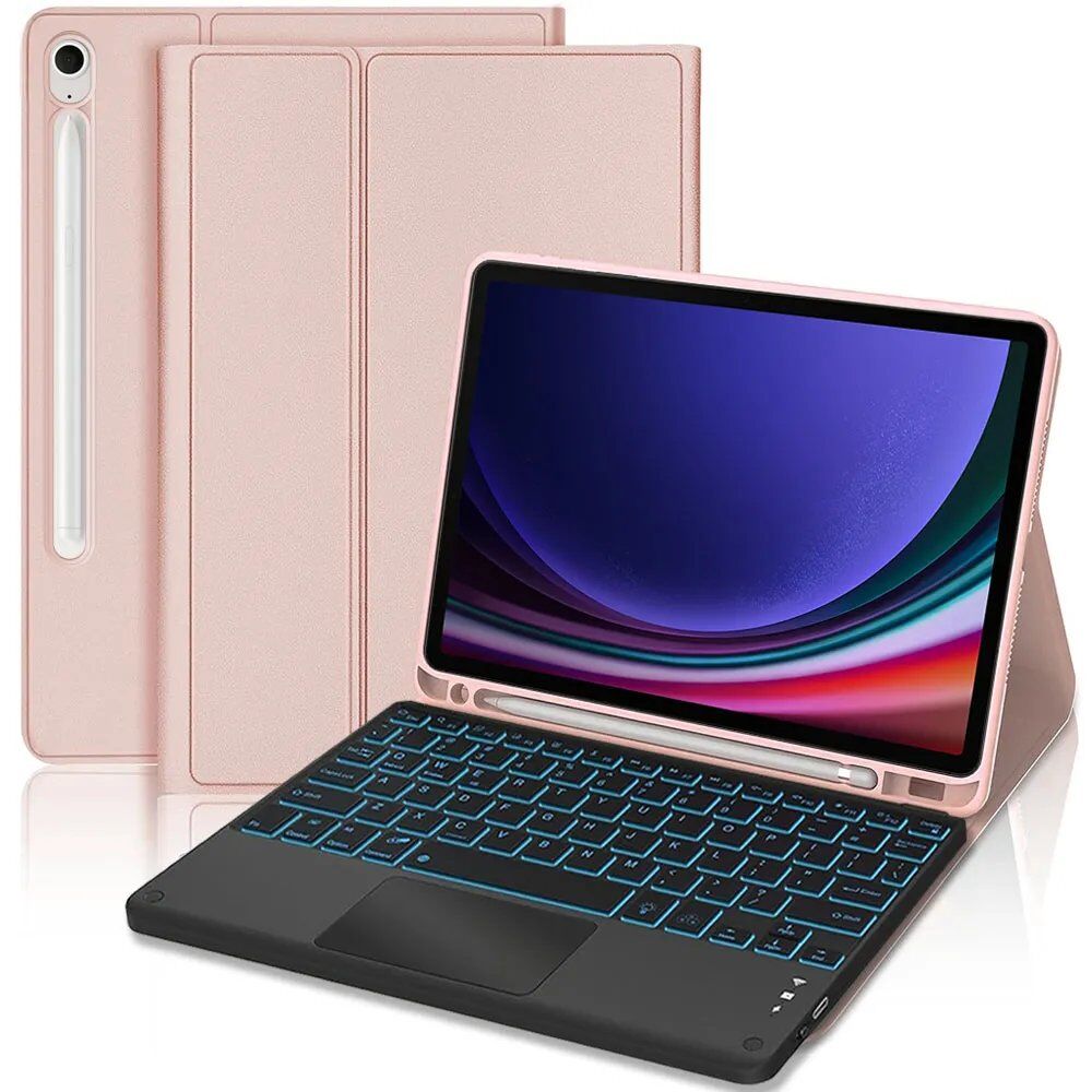 E.F.Connection Samsung Galaxy Tab S9 (11-inch) Synthetic Leather Case - Rose with Backlit Bluetooth Keyboard