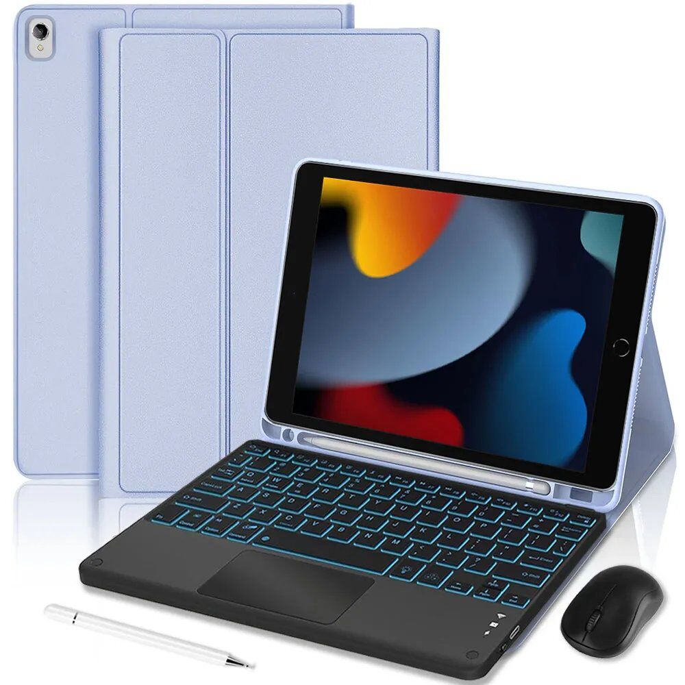 E.F.Connection iPad 10.2-Inch (7th, 8th, 9th Gen) Lavender Synthetic Leather Case with Backlit Keyboard + Wireless Mouse + Stylus
