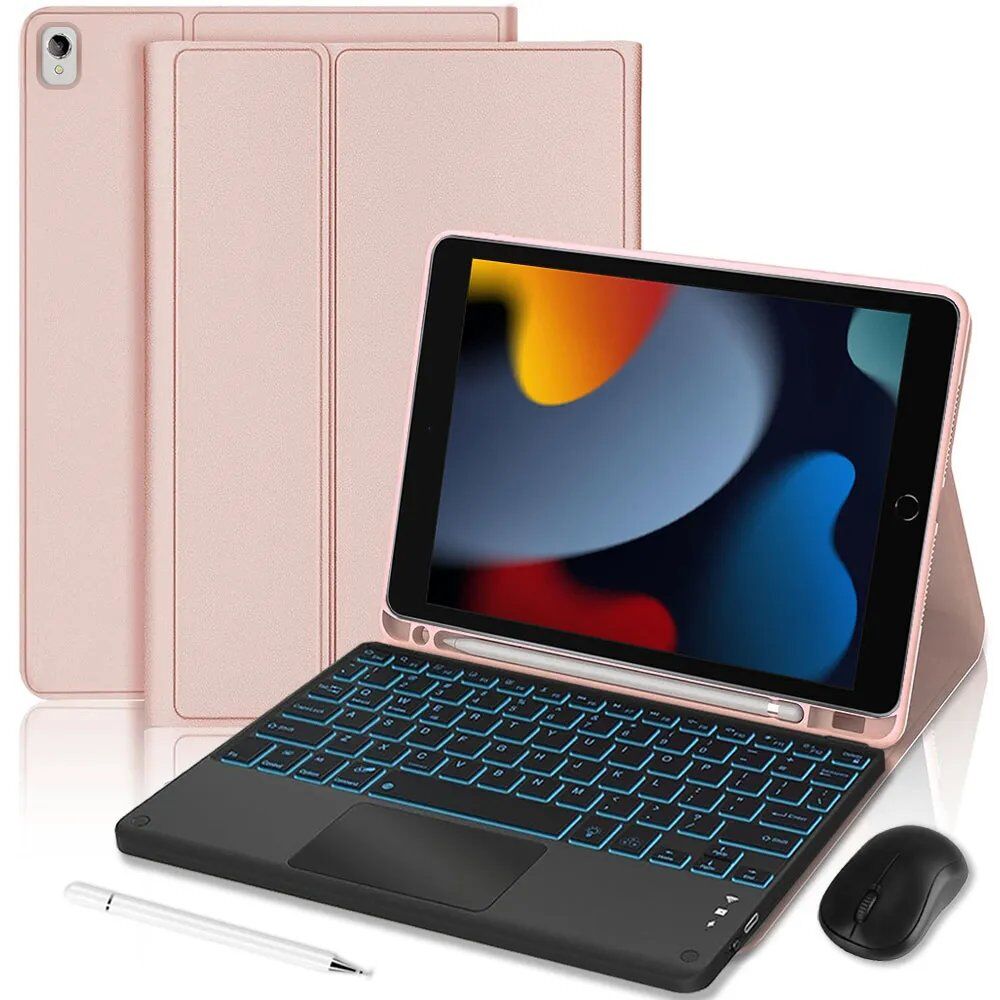 E.F.Connection iPad 10.2-inch (2019/2020/2021) Rose Synthetic Leather Case with Backlit Bluetooth Keyboard + Mouse + Stylus