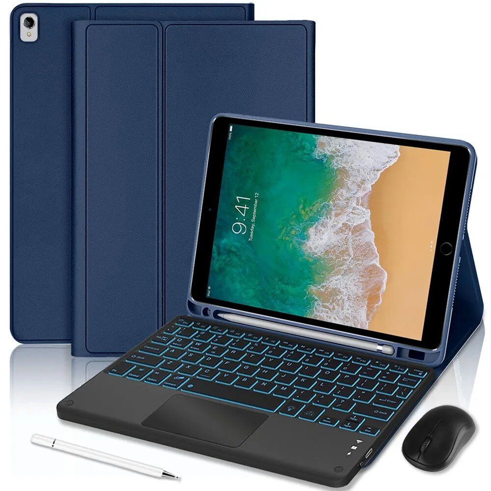 iPad Air 3/Pro 10.5-inch Case - Navy PU Leather with Backlit Keyboard + Mouse + Stylus