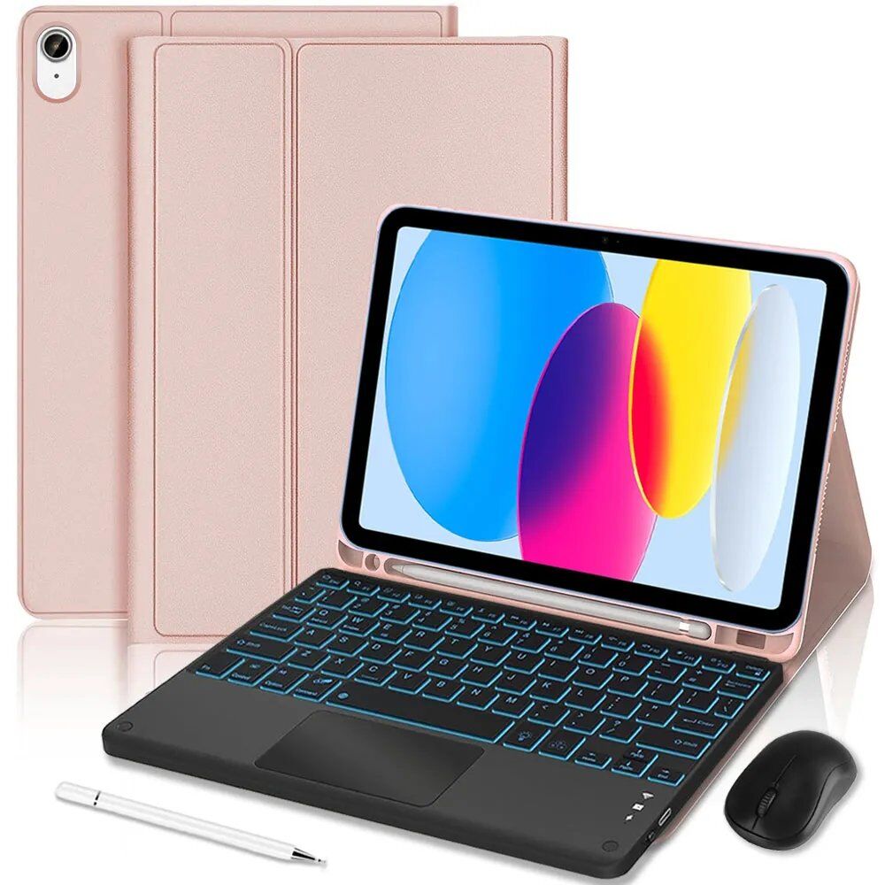 iPad A16/10 Case with Keyboard, Wireless Mouse & Stylus - Pink PU Leather