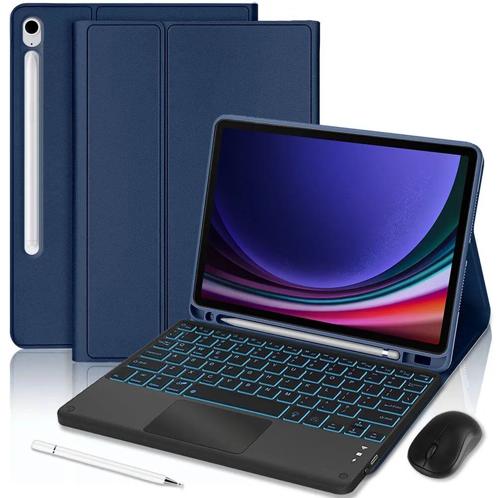 E.F.Connection Samsung Galaxy Tab S9 Blue Synthetic Leather Case with Backlit Keyboard + Mouse + Stylus