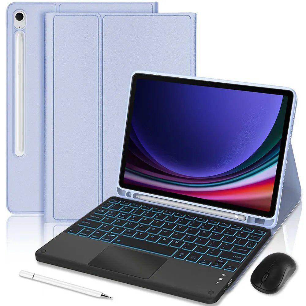 E.F.Connection Samsung Galaxy Tab S9 Purple Synthetic Leather Case with Backlit Keyboard + Mouse + Stylus