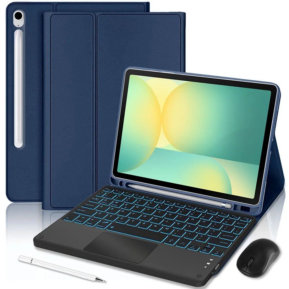 E.F.Connection Samsung Galaxy Tab S10 FE / S9 FE Blue Leather Case with Backlit Keyboard + Mouse + Stylus